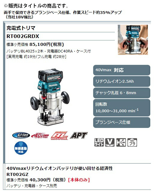 WEB限定デザイン マキタ (マキタ) 充電式トリマ RT002GRDX バッテリ