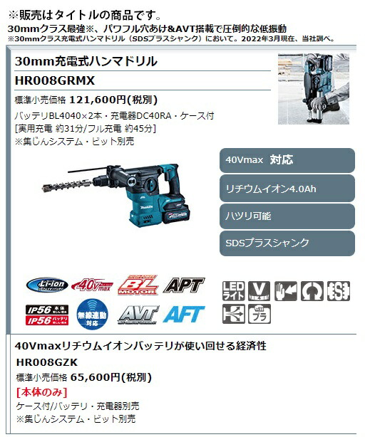 マキタ) 30mm 充電式ハンマドリル HR008GRMX 青 バッテリBL4040x2本