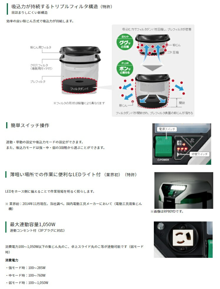 新製品情報も満載 HiKOKI 集じん機 RP250YD L 粉じん専用 連動付 トリプルフィルタ 3P可倒式プラグ お掃除セット標準付属 日立  ハイコーキ 大型商品 fucoa.cl