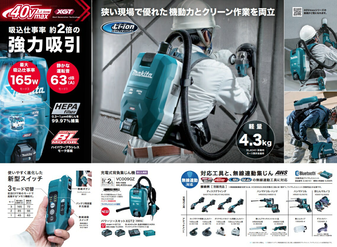 販売実績No.1 マキタ 充電式背負集じん機 VC009GZ 本体のみ 集じん容量2.0L 粉じん専用 電動工具接続用 40Vmax対応 makita  fucoa.cl