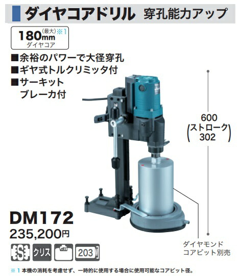 (マキタ)ダイヤコアドリルDM172ギヤ式トルクリミッタ付サーキットブレーカ付makita