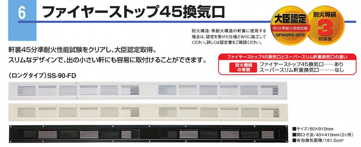 カネシン ファイヤーストップ４５換気口 ロングタイプ SS-90-FD １台