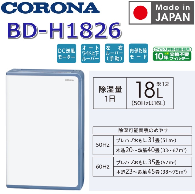【2026年度モデル】コロナ　BD-H1826(AG)　衣類乾燥除湿機 Hシリーズ グレイッシュブルー 18L/日【BD-H1825(AG) の後継品】　〇｜住設建材カナモンジャー