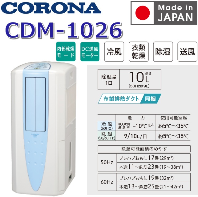 【2026年歳青写真】コロナ CDM-1026(AS) 冷風・お召しもの乾燥除湿機 どこでも冷房装置 天の原青色 10L/日【CDM-1025(AS) の家督相続品】 〇
