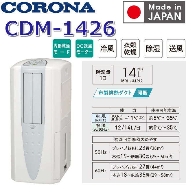 【2026年度モデル】コロナ　CDM-1426(W)　冷風・衣類乾燥除湿機 どこでもクーラー クールホワイト 14L/日【CDM-1425(W) の後継品】　〇