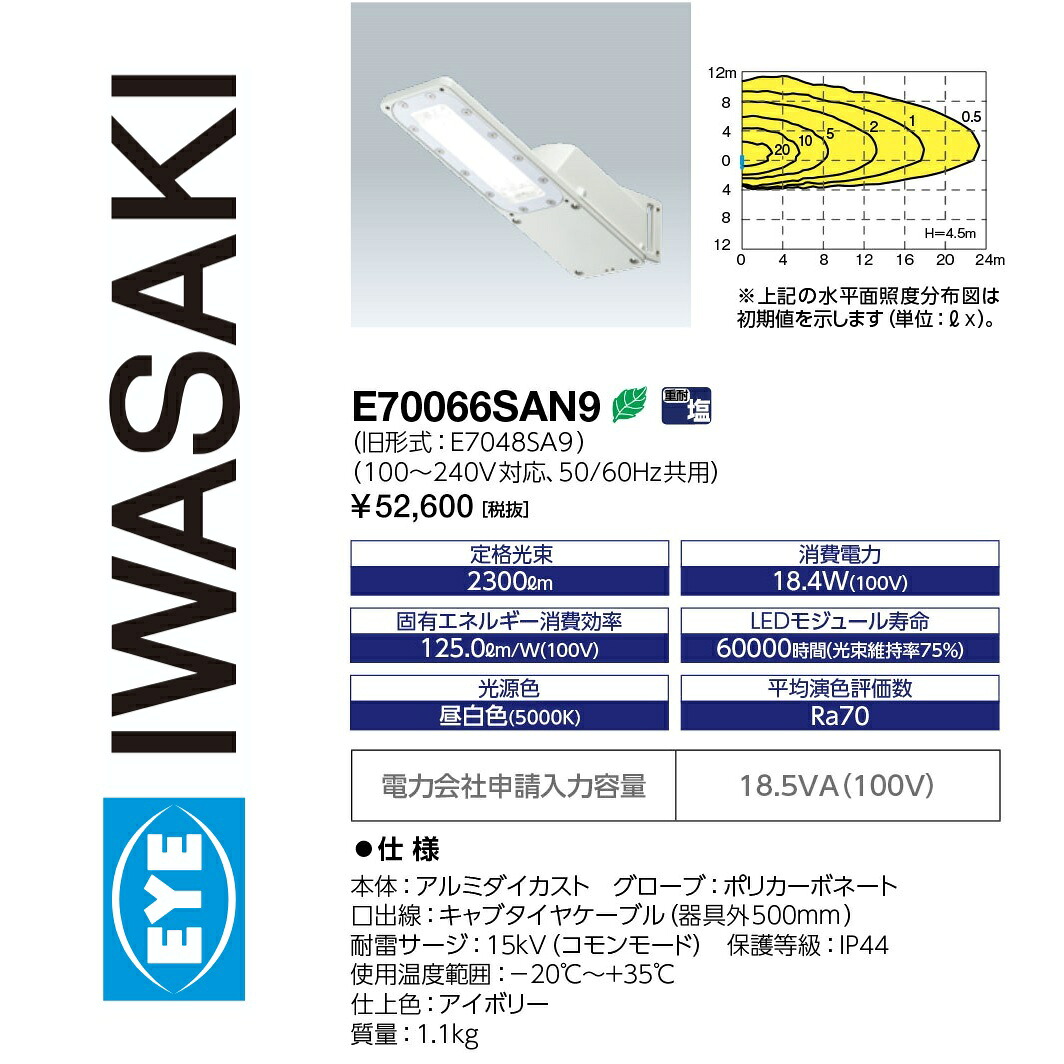 岩崎電気　E70066SAN9　LED防犯灯 STREET 20VA 自動点無 アイボリー IWASAKI Σ[Z]