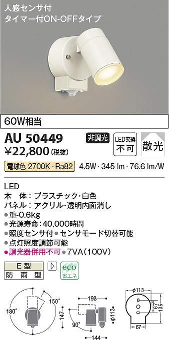 コイズミ照明　AU50449　LED防雨型スポット Σ