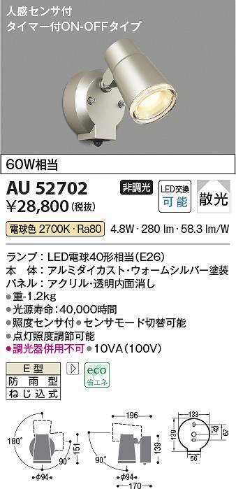コイズミ照明　AU52702　LED防雨型スポット Σ