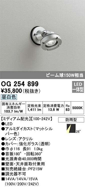 オーデリック　OG254899　防雨型LEDスポットライト Σ