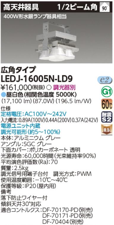 東芝ライテック　LEDJ-16005N-LD9　高天井器具 HSH400Ｗ 広角 LED高天井器具 Σ