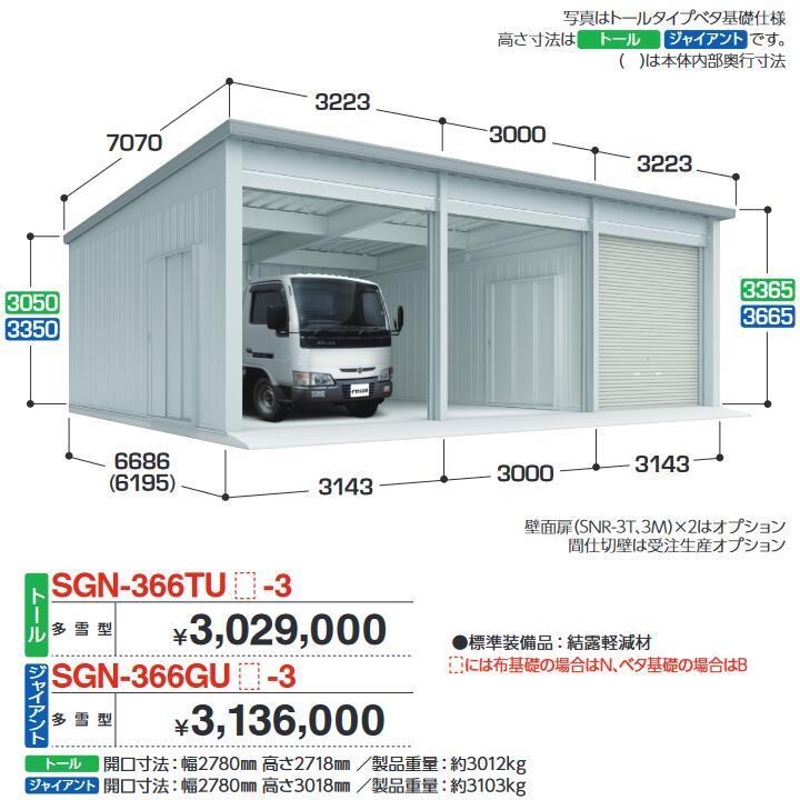 イナバ物置　SGN-366TUB-3　イナバ倉庫・ガレージ 3棟タイプ 【多雪型 トール ベタ基礎】【お届け先 関東限定】 ⇒■
