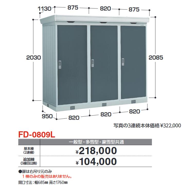 イナバ物置 FD-0809L 追加棟(3棟目以降) 連続型物置 ドアタイプ連続型【基本棟同時購入のみ手配可】【お届け先 関東限定】 ⇒■