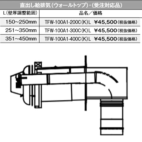 パーパス　TFW-100A1-400C(K)L〔LD18〕　給湯器部材 直出し給排気(ウォールトップ) L(壁厚調整範囲)351～450mm 受注生産　⇒□ 24,607円