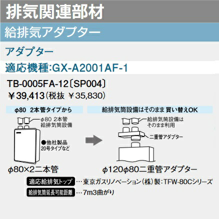 基準打数通行手形 肺結核-0005FA-12〔SP004〕 給湯器部材 給排気ガスアダプタ φ80x2本→φ120-φ80 ⇒□