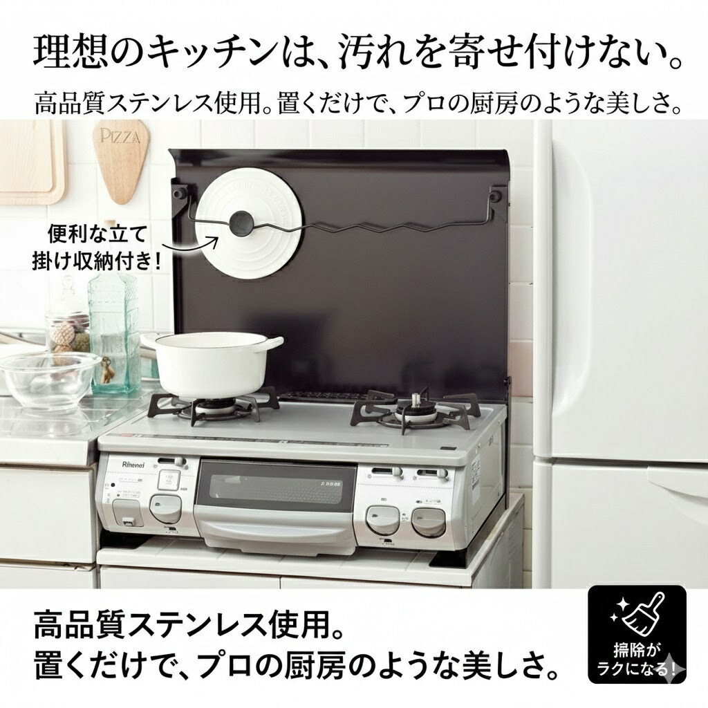 【日本製】池永鉄工 ガスコンロカバー IK-10Ｂ ブラック 鍋フタキャッチャー付 コンロ上収納 作業台 据え置き型 キッチン便利グッズ
