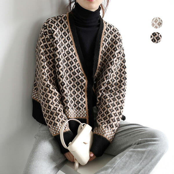 楽天市場】ニットカーディガン レディース ジャガード織 幾何学柄 長袖