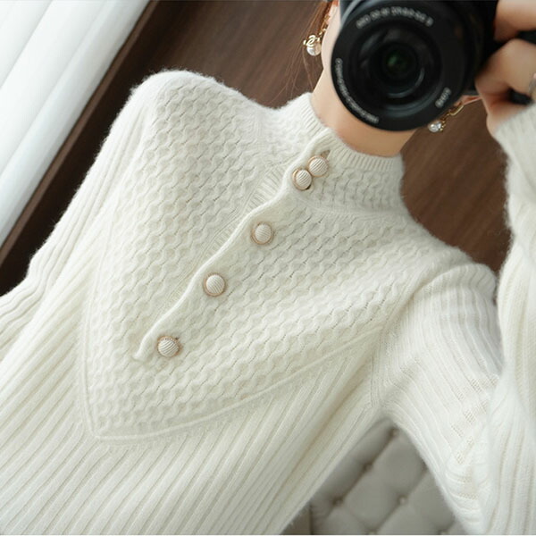 セーター レディース 長袖 インナー ボタン ケーブル編み リブ ニット 厚手 ボトルネック 秋冬 ニットセーター カットソー