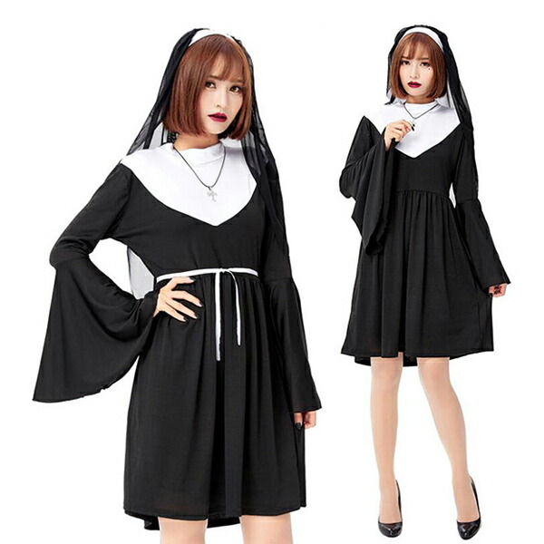 楽天市場 ハロウィン 修道服 修女 Cosplay 宣教師 仮装 美脚 ロングワンピース コスチューム 体型カバー ウエストリボン 長袖 シスター 聖女 修道女 コスプレ衣装 レディース ドレス ワンピース 女性用 大人用 パーティー イベント 舞台 演出服 ブラック ホワイト Hooneyz