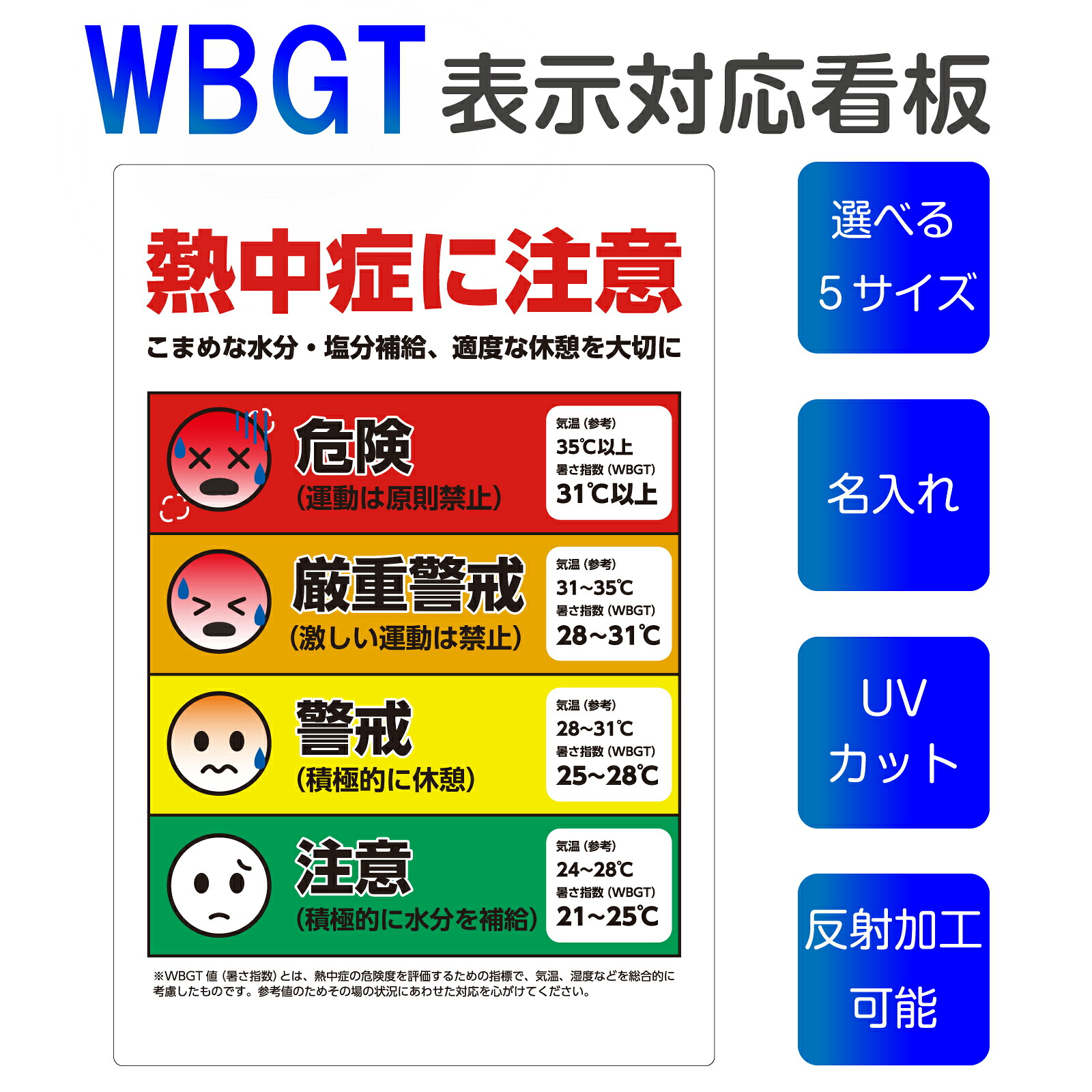 看板/表示板/「熱中症に注意」WBGT対応/20cm×30cm/30cm×45cm/40cm×60cm/60cm×90cm/90cm×135cm/イラスト/プレート/対策 予防 11,722円