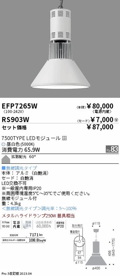 【遠藤照明】【endo照明】 高天井用照明 EFP7265W+RS903W テクニカルペンダントライト