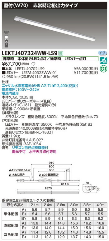 【東芝 非常用照明】東芝ライテック 【東芝ライテック 非常用照明器具】東芝 非常用照明器具 LEKTJ407324WW-LS9 TENQOO非常灯40形直付W70 LED組み合せ器具｜看板材料　店