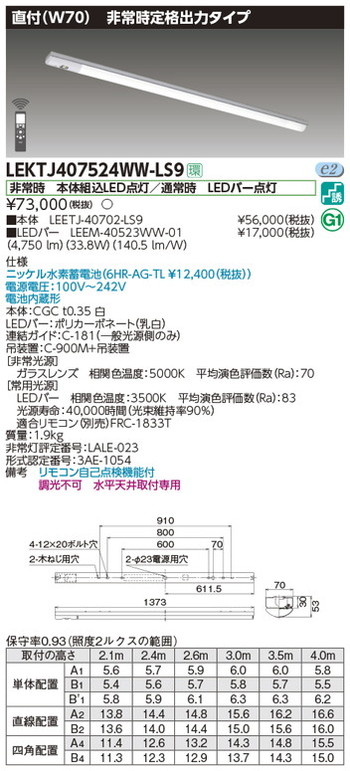 【東芝 非常用照明装置】東芝ライテック 【東芝ライテック 非常用照明装置手道具】東芝 非常用照明装置手道具 LEKTJ407524WW-LS9 TENQOO人並み外れた灯40形直付W70 LED組み合せ手道具
