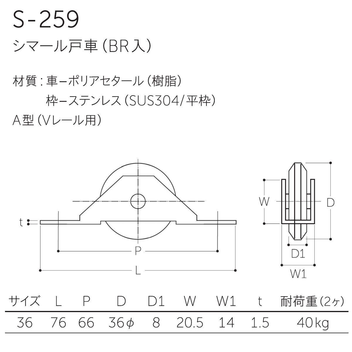 開店記念セール！】 シマール戸車 マルキ S-259 Φ36 ステンレス SUS304 平枠 べリング使用ジュラコンA型 Vレール用 s259-360  gulfvets.com