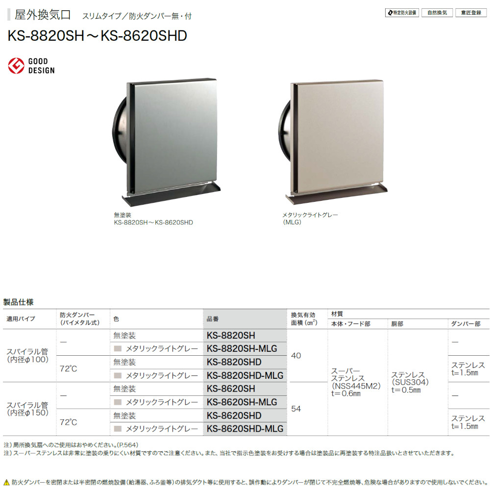 保証 ナスタ 深型フード付ガラリ 防火ダンパー付 網無 φ200 KS