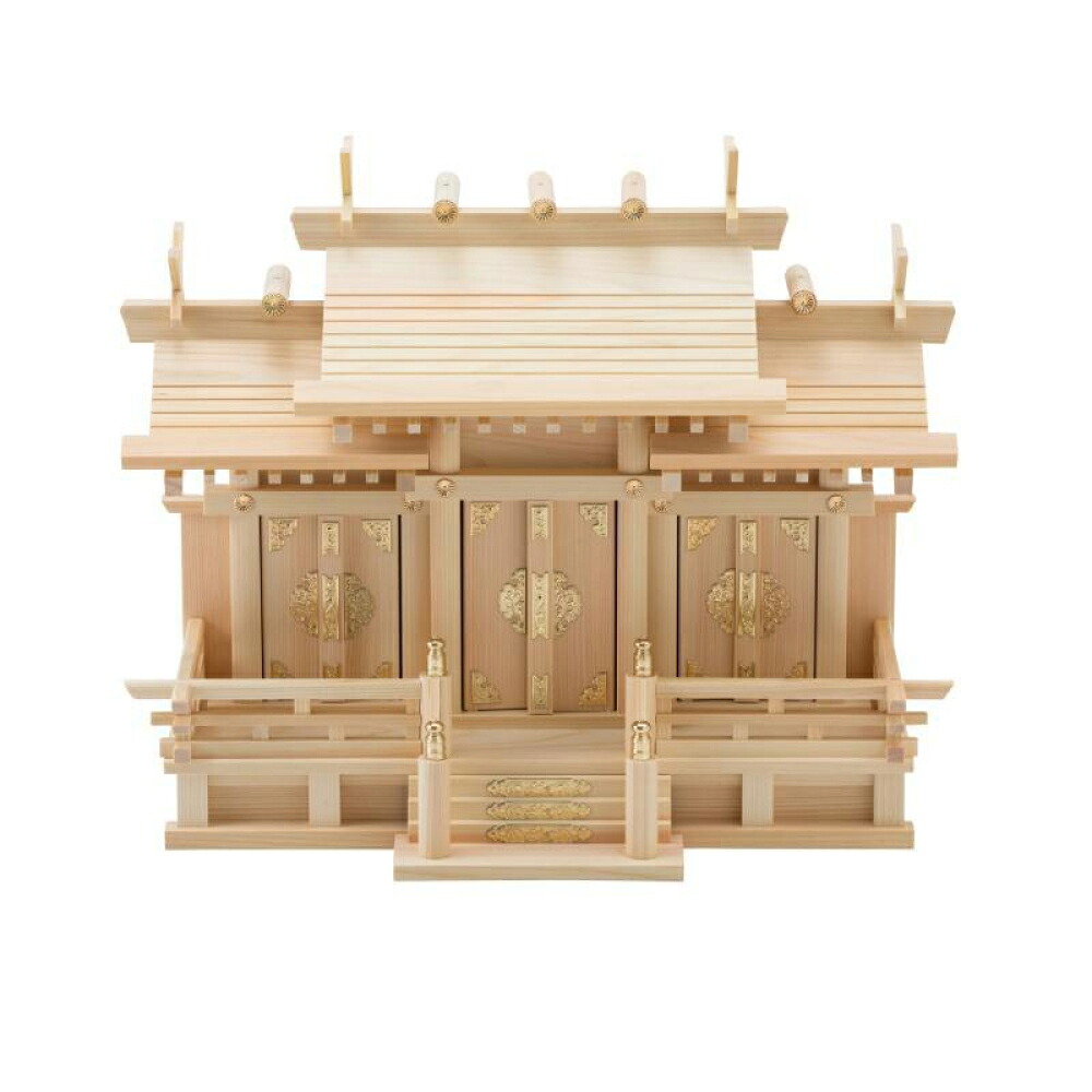 静岡木工 神棚の里 屋根違い三社 小 本金具 神棚 東濃桧 ひのき 真鍮 純国産