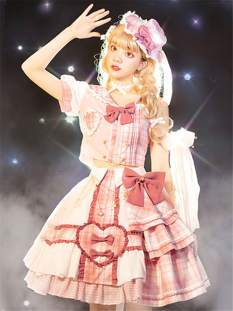 お姫様ロリータセットアップアイドル服ロリータopワンピース4枚セットノースリーブチェック柄リボンメタルディテールポリエステルピンクロリータワンピース衣装 Srmdelhi Org