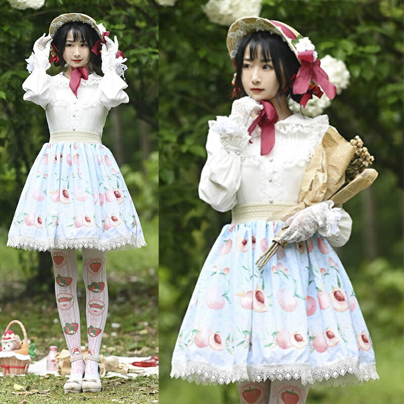 花柄スカートオーバースカートフルーツフローラルプリントライトスカイブルーレースデイリーカジュアルティーパーティー甘いロリータスカート