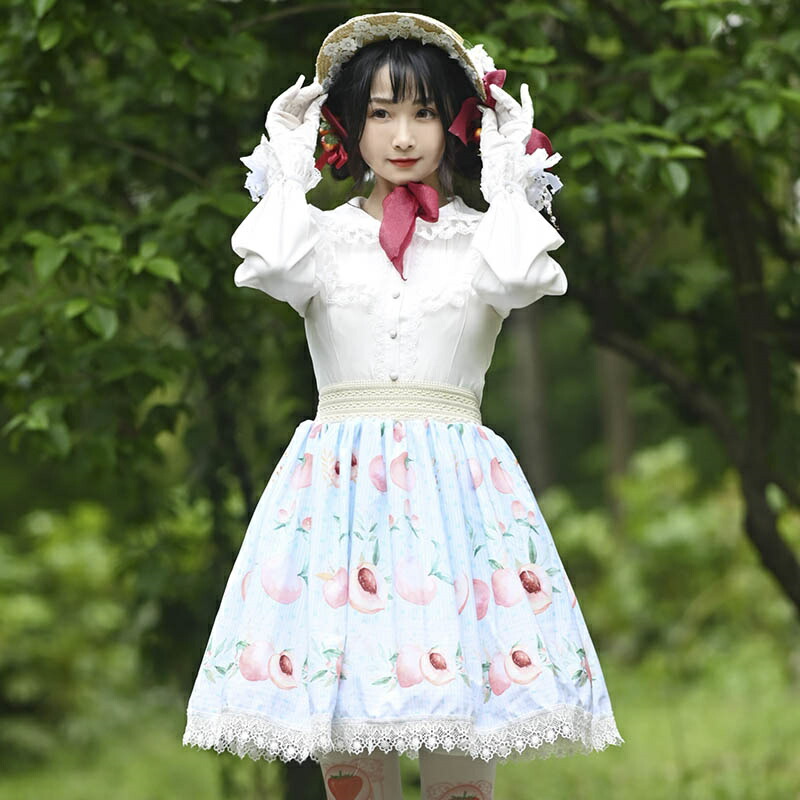 最新のデザイン 花柄スカートオーバースカートフルーツフローラルプリントライトスカイブルーレースデイリーカジュアルティーパーティー甘いロリータスカート 最新のデザイン 花柄スカートオーバースカートフルーツフローラルプリントライトスカイブルーレースデイリーカジュアルティーパーティー甘いロリータスカート