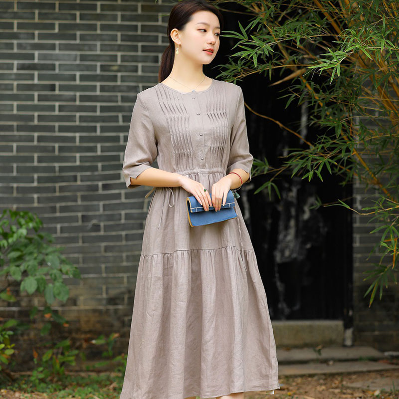 ワンピーススーツ 喜ばれる誕生日プレゼント 綿麻リネンワンピースゆったりグレーウエスト調節レトロ調レディース体型カバー着痩せプレゼント 新作お洒落キレイめ夏用涼しい代30代40代