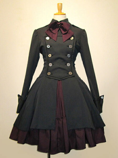 ゴスロリ軍服ワンピース OP ブラック コットン ダブルブレスト ボタン 長袖 リボン アイドル衣装 フリル 制服ワンピース|金城商店