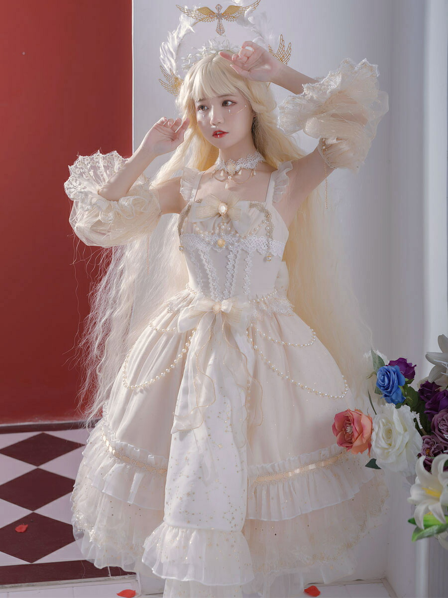【シュガーガール】ロリータドレス　甘ロリJSKサスペンダードレスリボン　ベージュ 楽天市場】甘いロリータJSKドレスフリルリボンレースアップ