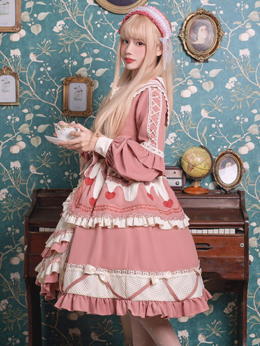甘いロリータOPドレス 2ピースセット カメオ ブラウン レースアップ リボンロリータワンピースドレス衣装|金城商店