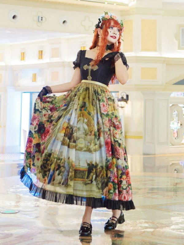 甘いロリータOPドレスネバーランドフローラルプリントスリーブブラックボウカスケードフリルロリータドレス|金城商店