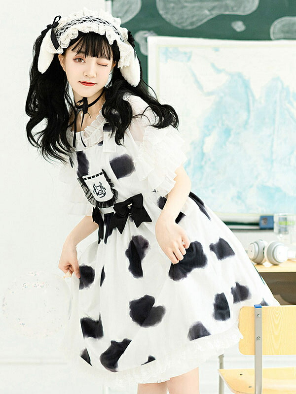 楽天市場】甘いロリータJSKドレス白ノースリーブ牛柄ボウノット