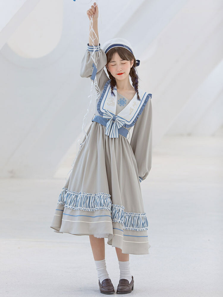 甘いロリータOPドレスネイビーブルーメタルディテールボウノット