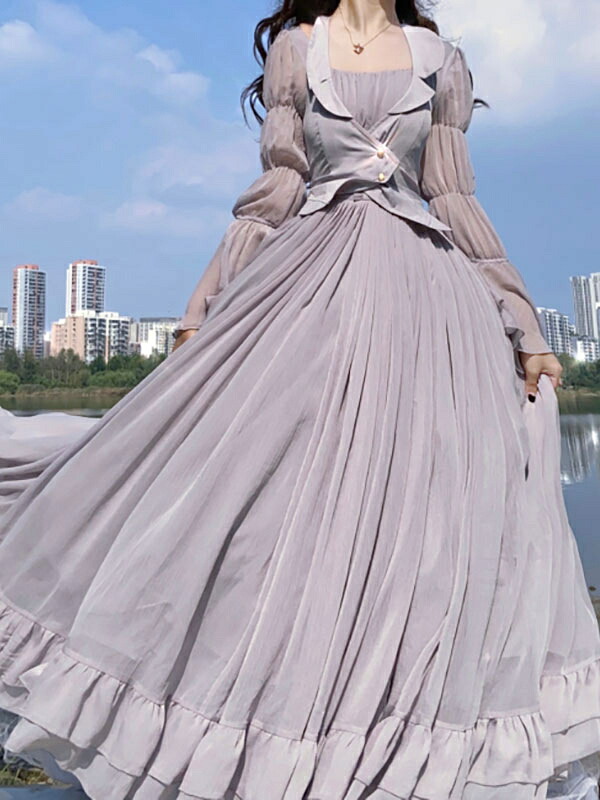 クラシックロリータオペランドドレスラフルスラベンダーフローラルフローラルプリントフリル長袖ロリータワンピースドレス