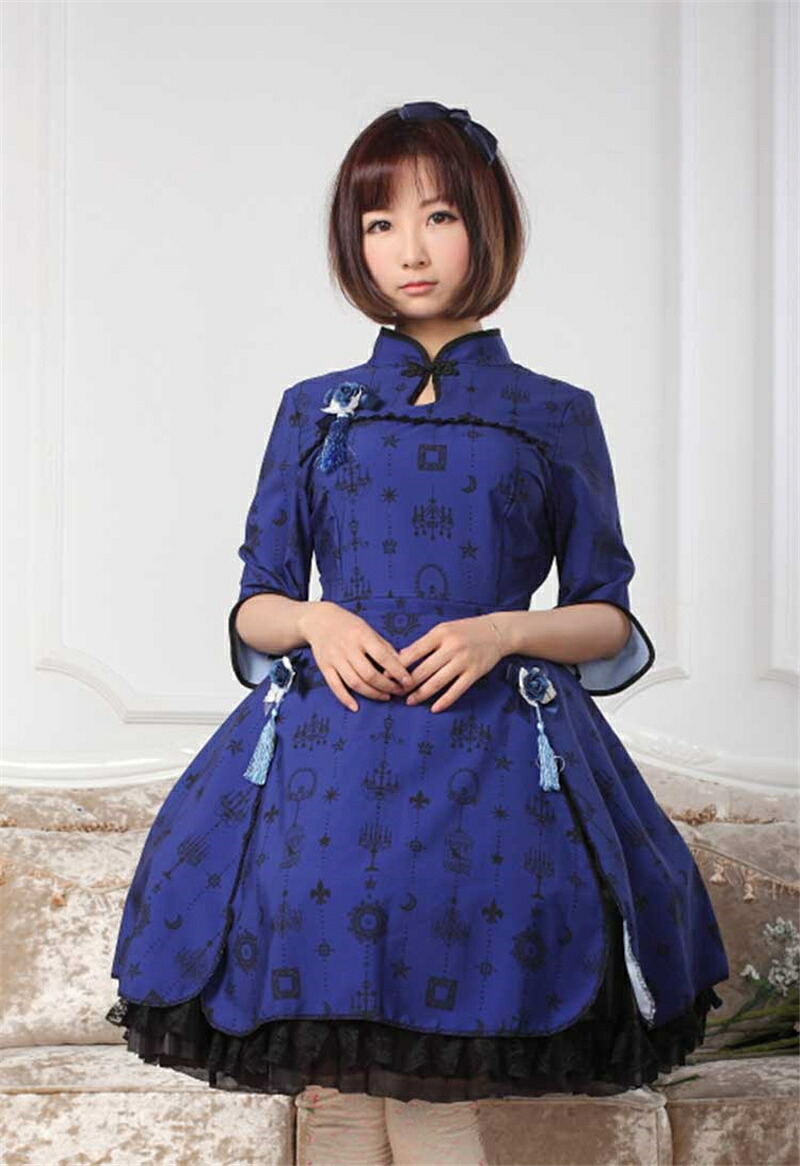 中華風 ロリータ チャイナドレス ワンピース Aライン ロイヤルブルー レディース メイド服Lolita 膝丈ワンピース中国風 コスプレ仮装 舞台演出服 文化祭学園祭｜金城商店