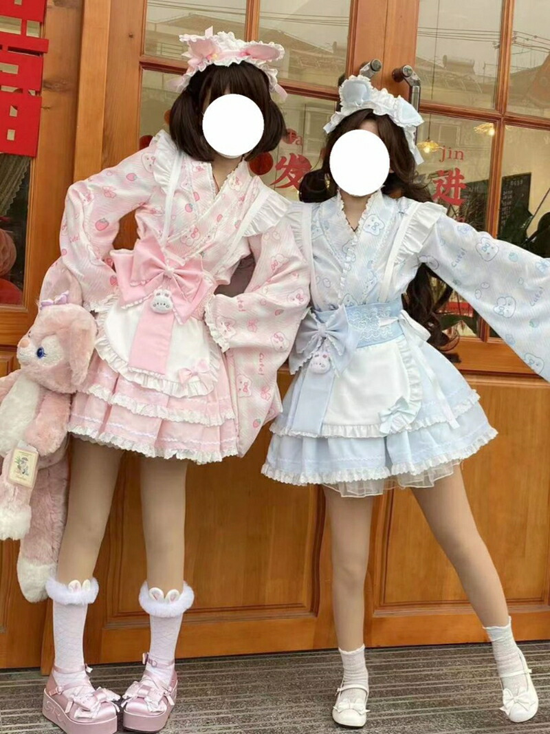 春待ちうさぎロリータセット｜和風モダンメイド服風ワンピース＆スカート｜サイズ2展開（M/L）｜春夏の通勤・お出かけ・コスプレに｜上品フリル＆蝶ネクタイ付き