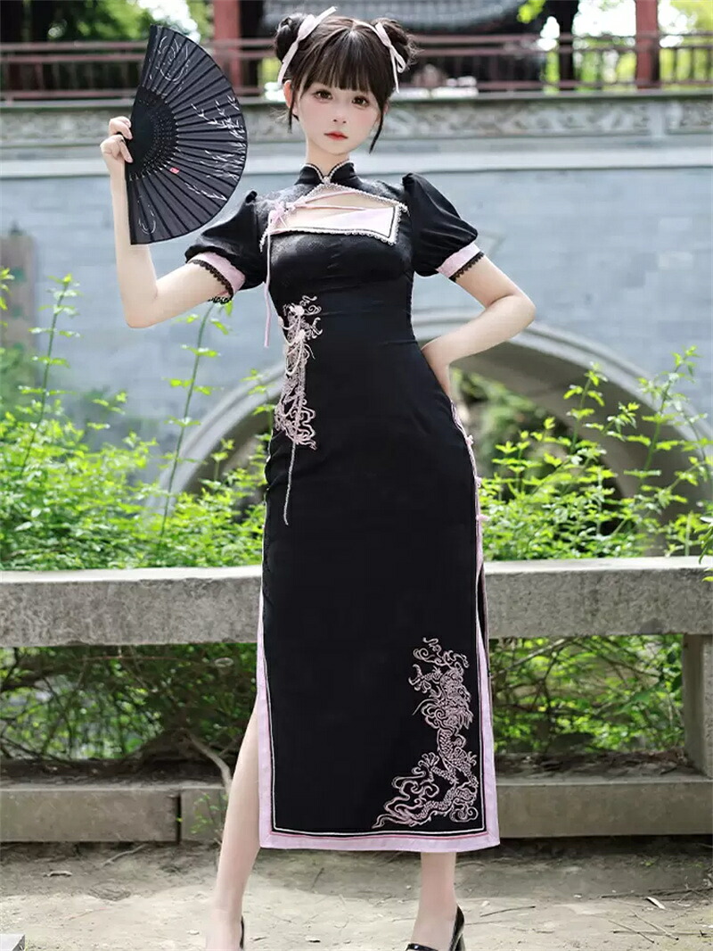 瀬戸もの御召しもの中国風ロリータ御召しもの 織り半袖 ジャカード アニマルプリント 黒 中華風ロリータコスチュームコスプレ 御召しもの御上さん 艶っぽい フォーマル 寄り合い御召しもの