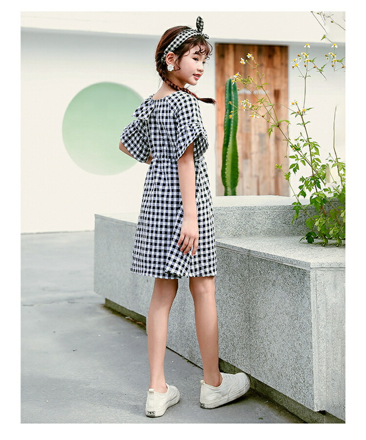 楽天市場 チェックワンピース子供服 子ども服 不規則フリル襟付き ワンピースキッズ 女の子 ワンピース Aライン ギンガムチェック チェック柄 ガールズ110 120 130 140 150 160 金城商店
