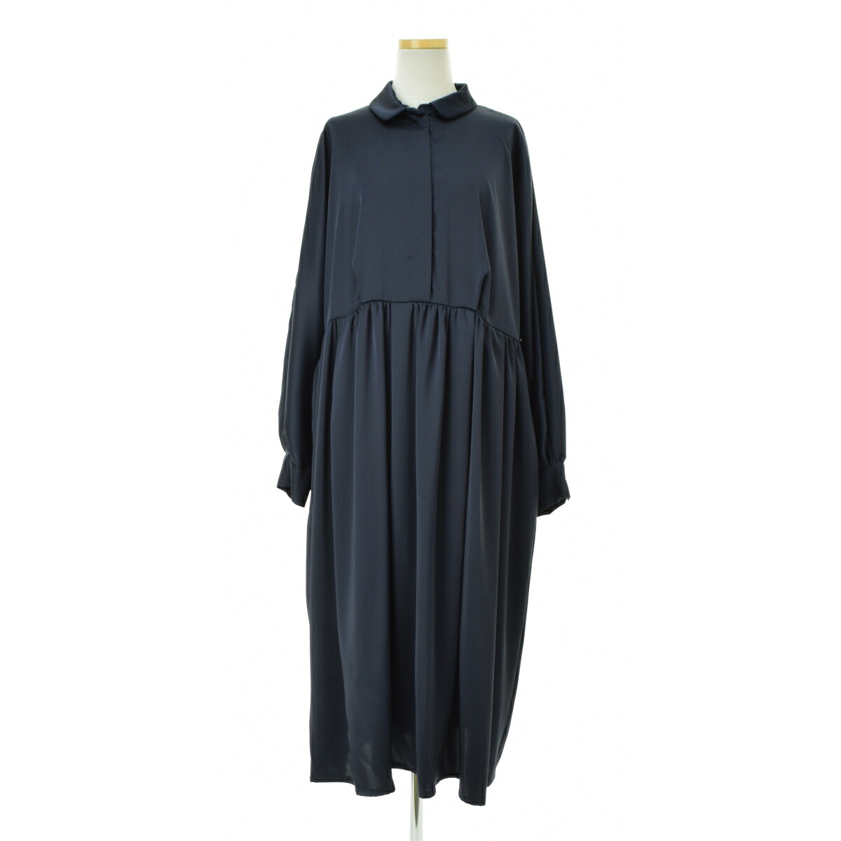【中古】mizuiro-ind / ミズイロインド サテンラウンドカラーフロントフライ長袖ワンピース【cacgacca-l】