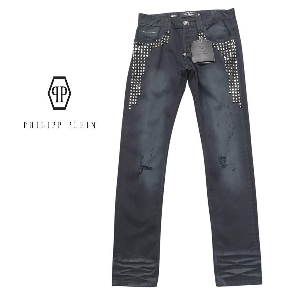 PHILIPP PLEIN　フィリッププレイン メンズ ピラミッドスタッズ クラッシュブラック デニム 591220 新品 送料無料