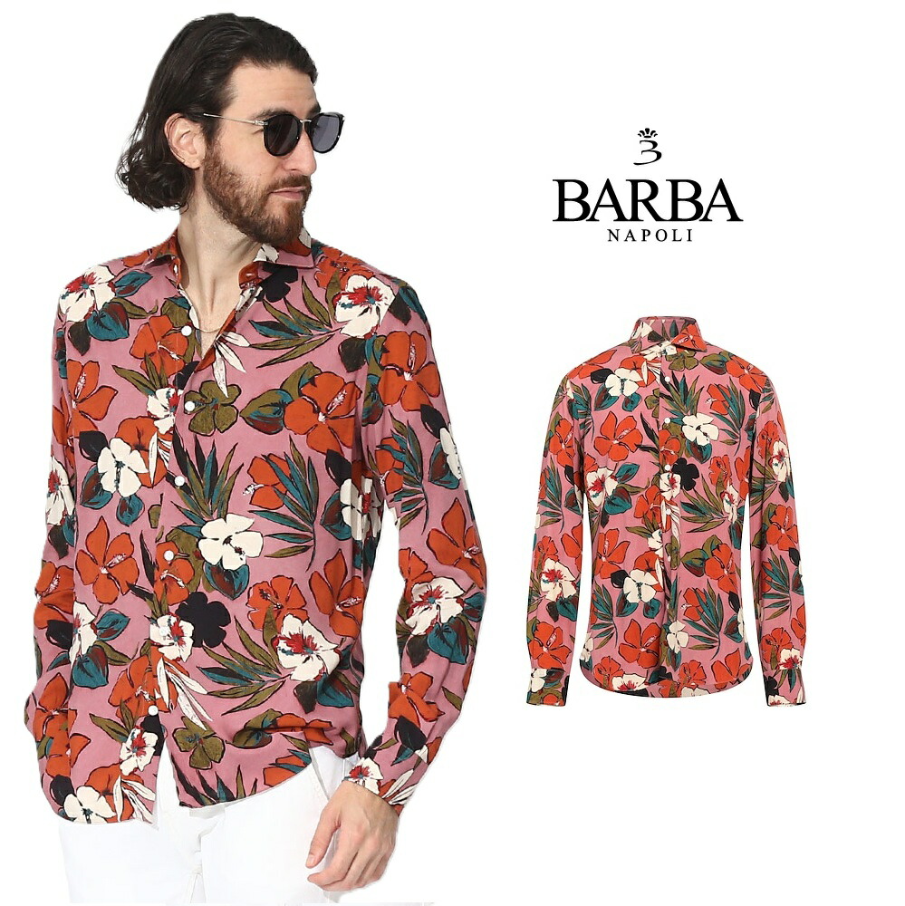 BARBA Napoli　バルバナポリ メンズ フラワーモチーフ柄 カジュアルシャツ　長袖 レーヨン 100% イタリア製