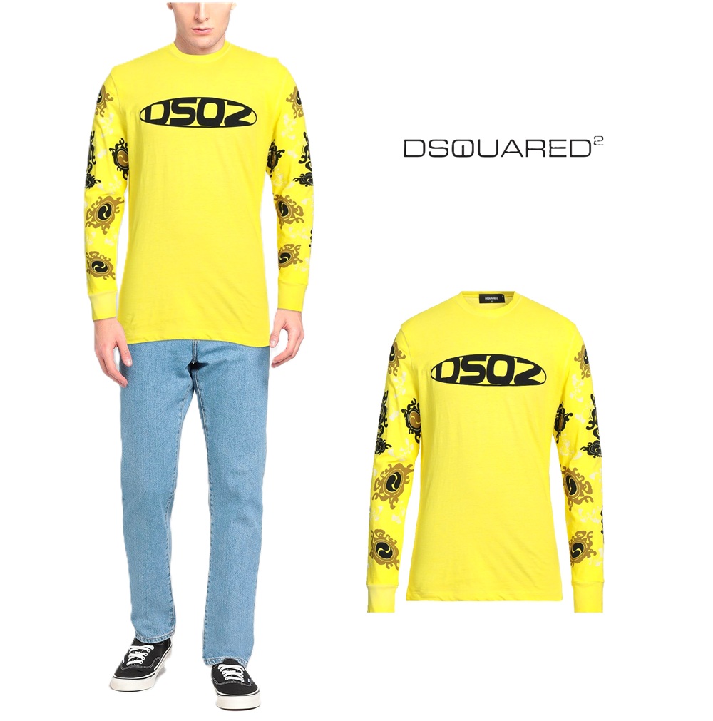 ディースクエアード (DSQUARED2)　 メンズ 長袖ロンＴ【イエロー】 メンズ 新品　イタリア製ー メンズ クルーネック 丸首 ロングスリーブ ロゴプリント クルーネック DSQUARED2-S71GD1276 新品未使用　送料無料