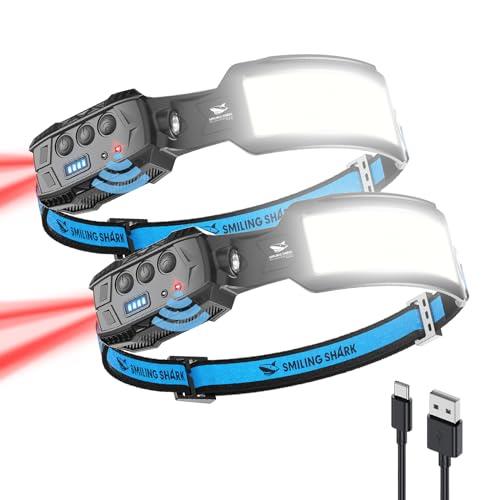 Smiling Shark ヘッドライト, 【LED白＆赤ヘッドライト 2個入り】USB充電式 7倍高輝度照明 4000 mAh 長時間使用 人感センサー付き IPX4防水 防塵 釣り 登山 散歩 懐中電灯 キャンプ 作業 災害 停電 最適