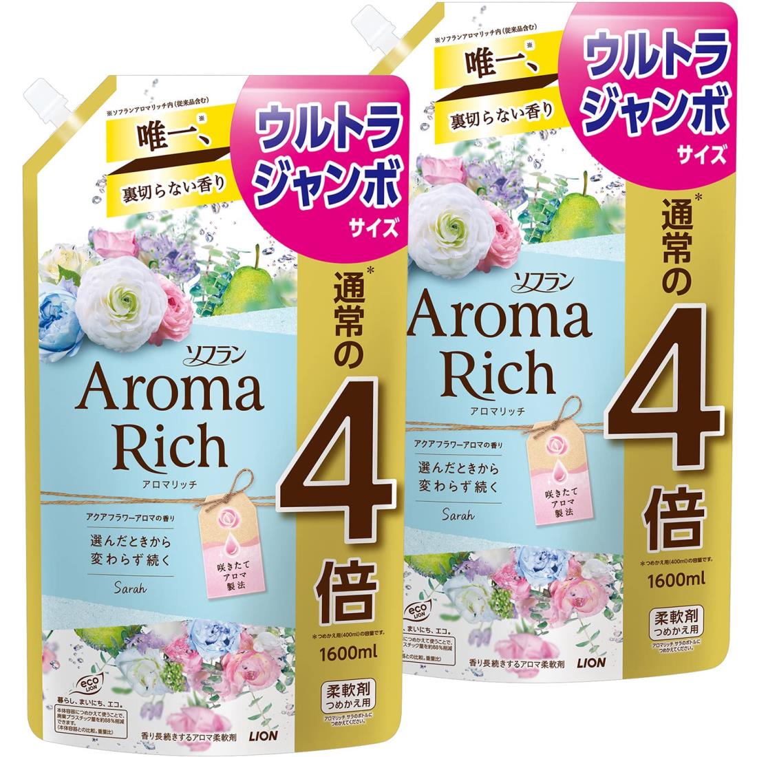 【まとめ買い 大電気容量】ソフラン アロマリッチ サラ(ア ク ア フ ラ ワー) 延性のある剤 詰め替え ウルトラジャンボ 1600ml×2個仕掛ける